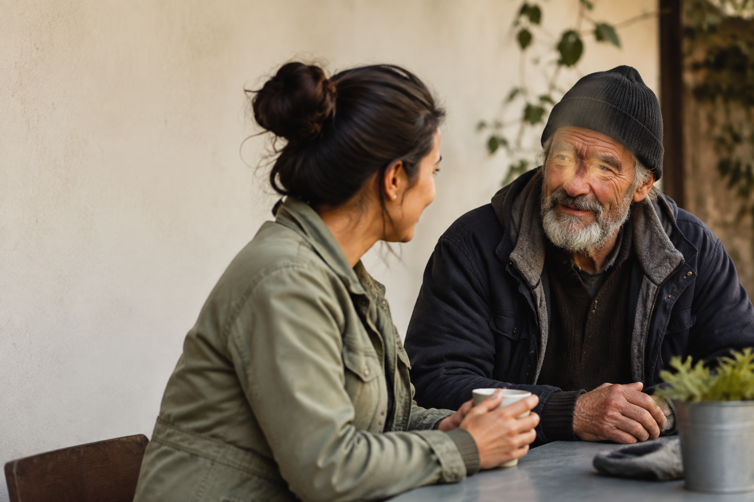 A community care worker sharing a conversation with an older man