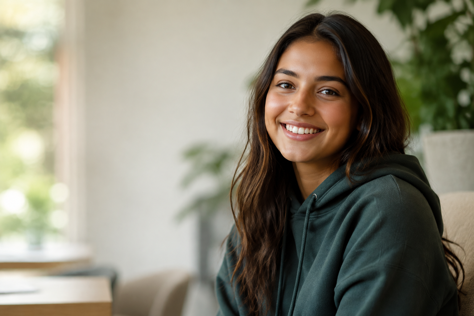 A young person smiling in a welcoming community space